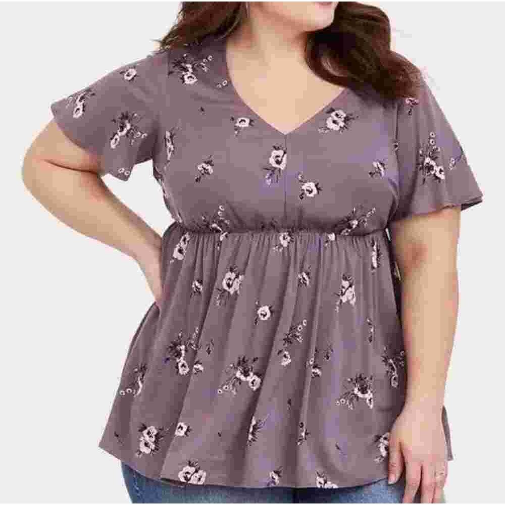 Torrid Floral Challis Babydoll Top Womens Size 2X Dusty Purple V-Neck Blouse